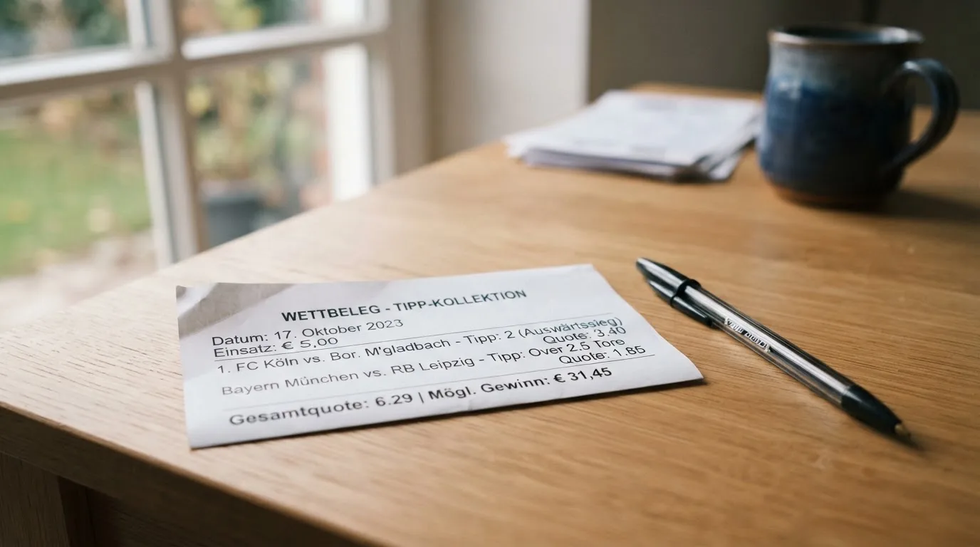 Ein leerer Papierwettschein und ein Kugelschreiber liegen auf einem aufgeräumten Schreibtisch, weiches Licht von einem Fenster.