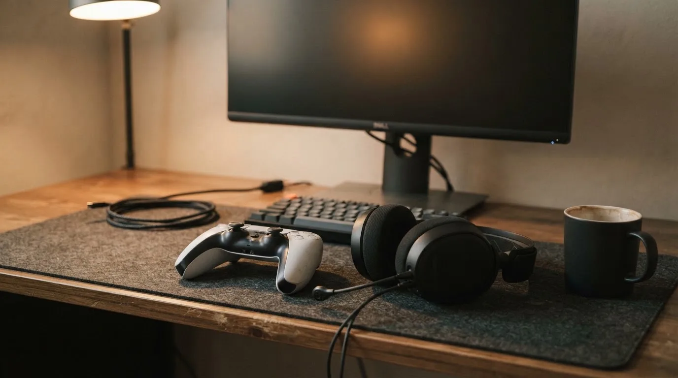 Ein Gamepad und ein Headset liegen auf einem Schreibtisch neben einer Tasse, der Bildschirm im Hintergrund ist ausgeschaltet.