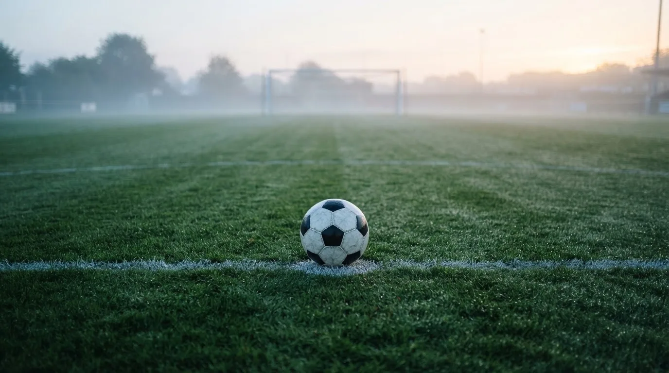 Ein Fußball liegt auf dem Elfmeterpunkt eines leeren Rasenplatzes, im Hintergrund unscharf ein Tor im Morgendunst.