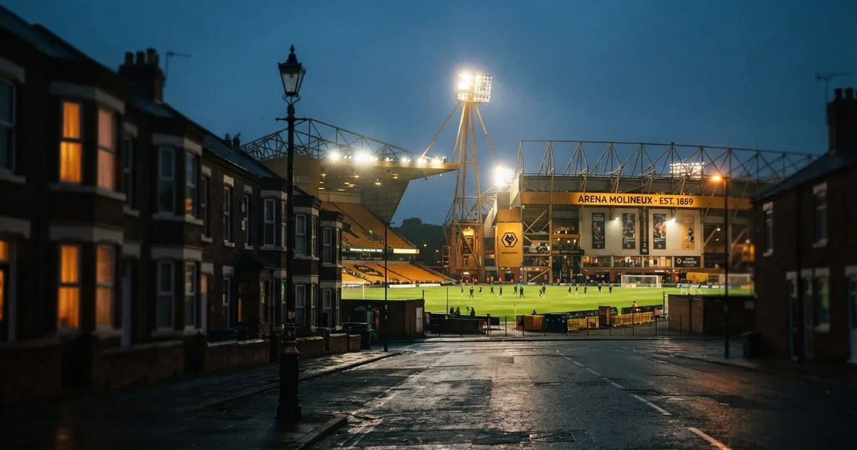 Ein Fußballstadion bei Flutlicht aus der Ferne gesehen, davor eine Straße und leuchtende Fenster eines Nebengebäudes.