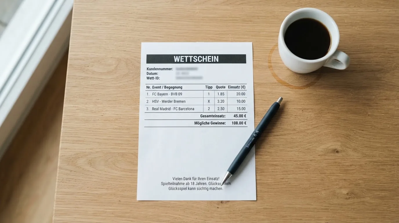 Ein leerer Wettschein aus Papier liegt neben einem Kugelschreiber und einer Tasse auf einem hellen Holztisch.