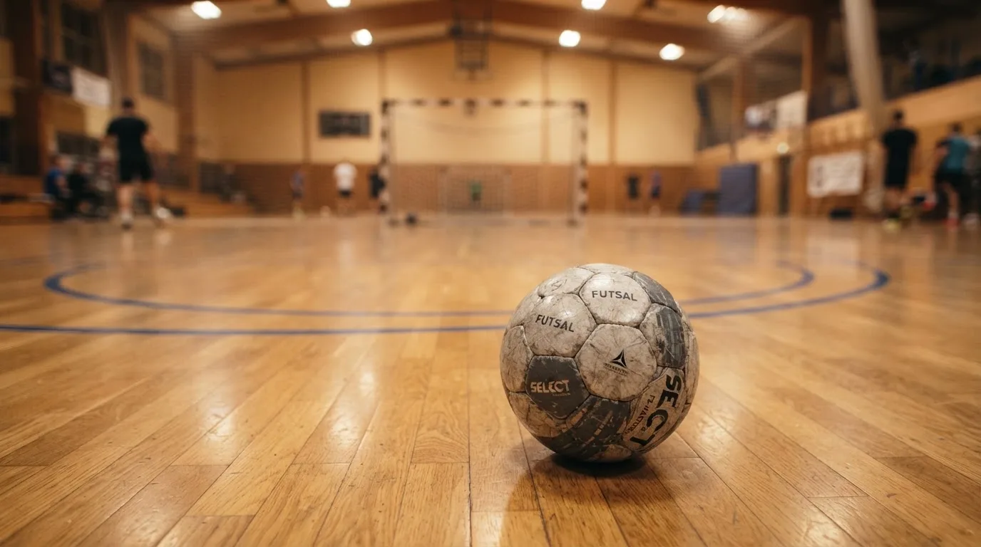 Ein kleiner schwerer Ball liegt in einer Halle auf dem Parkett vor einem Tor, warmes Licht aus den Deckenstrahlern.