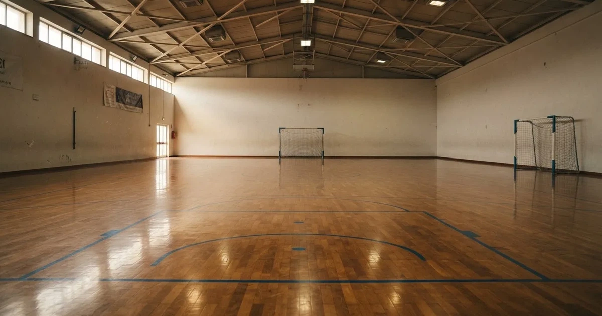 Eine leere Sporthalle mit hellem Hallenboden, kleinen Toren an beiden Enden und blauen Linien, Licht fällt von oben.