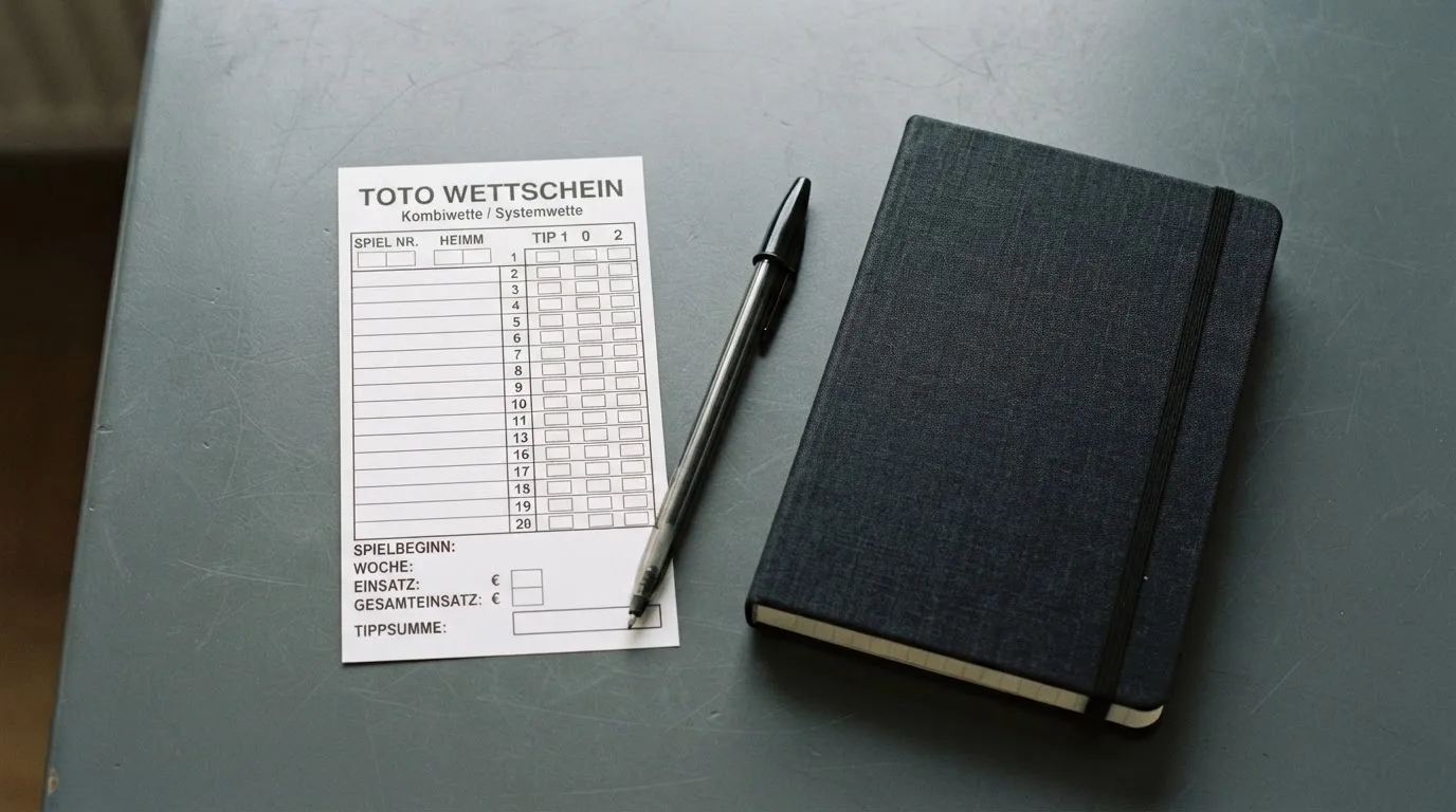 Ein leerer Papierwettschein und ein Kugelschreiber liegen auf einer glatten Schreibtischplatte neben einem Notizbuch.