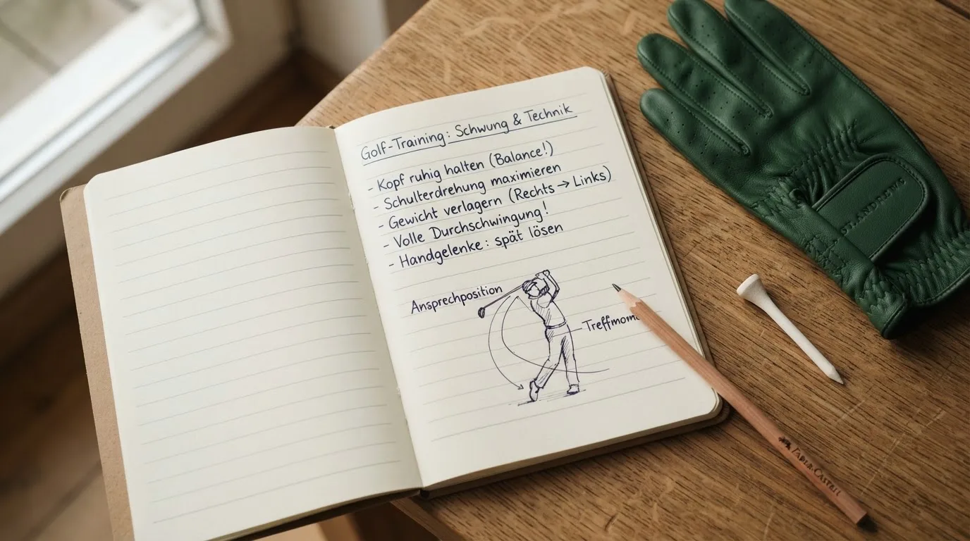 Ein Notizbuch mit handschriftlichen Notizen und ein Bleistift liegen neben einem Golfhandschuh und einem Tee auf einem Holztisch.