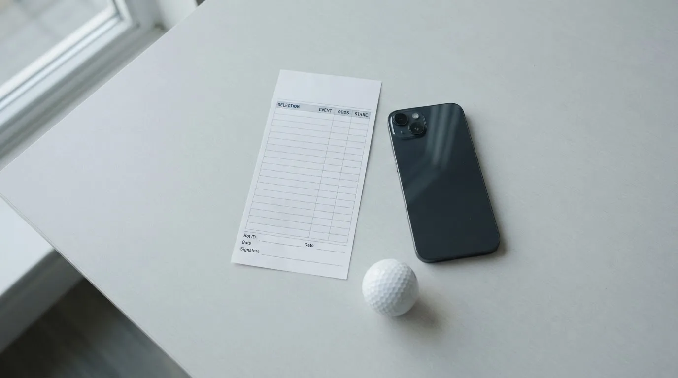 Ein leerer Wettschein aus Papier liegt neben einem Smartphone mit dunklem Display auf einem Tisch, daneben ein einzelner Golfball.