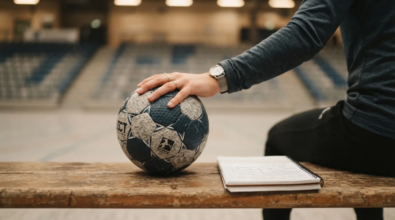 Eine Hand hält einen Handball, im Hintergrund eine unscharfe Tribüne, daneben liegt ein Notizblock auf einer Bank.