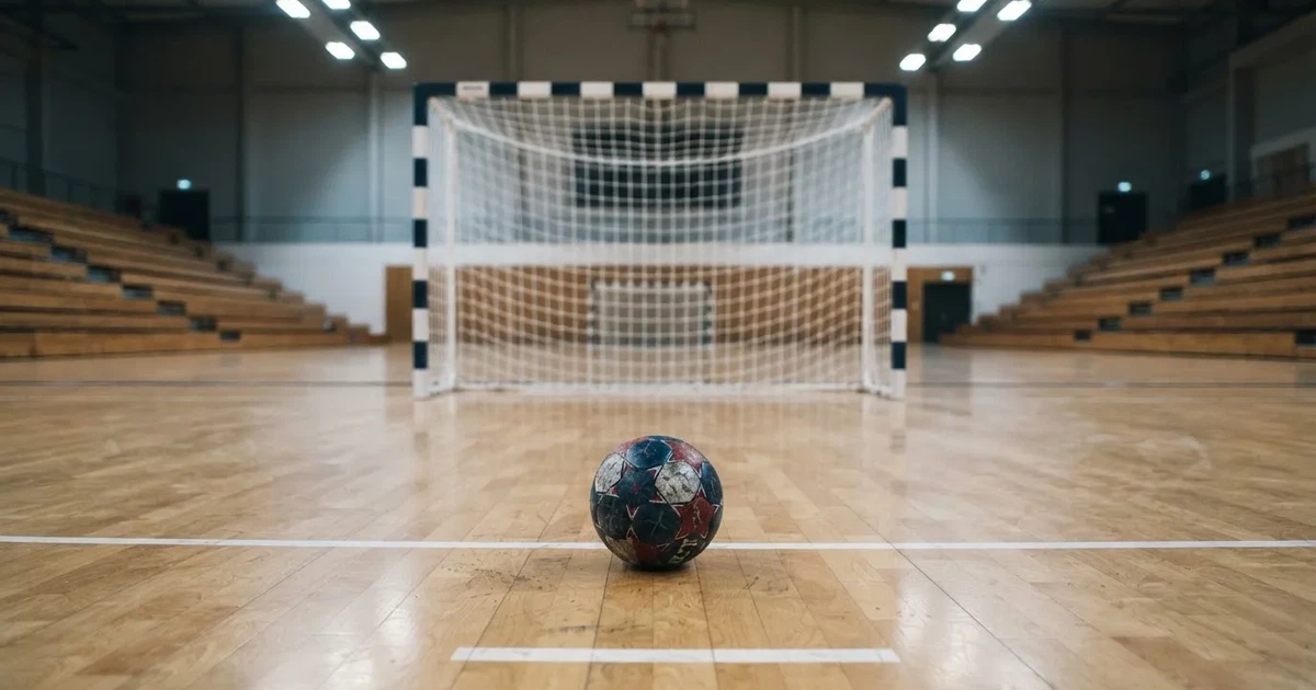 Ein Handball liegt auf dem Hallenboden vor einem Tor mit Netz, die leere Halle wird von Flutlicht beleuchtet.