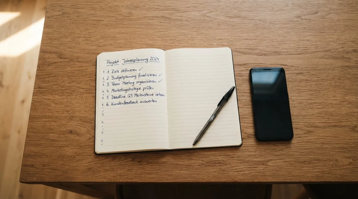 Ein Notizbuch mit handschriftlichen Notizen und ein Stift liegen auf einem Holztisch neben einem Smartphone mit dunklem Bildschirm.