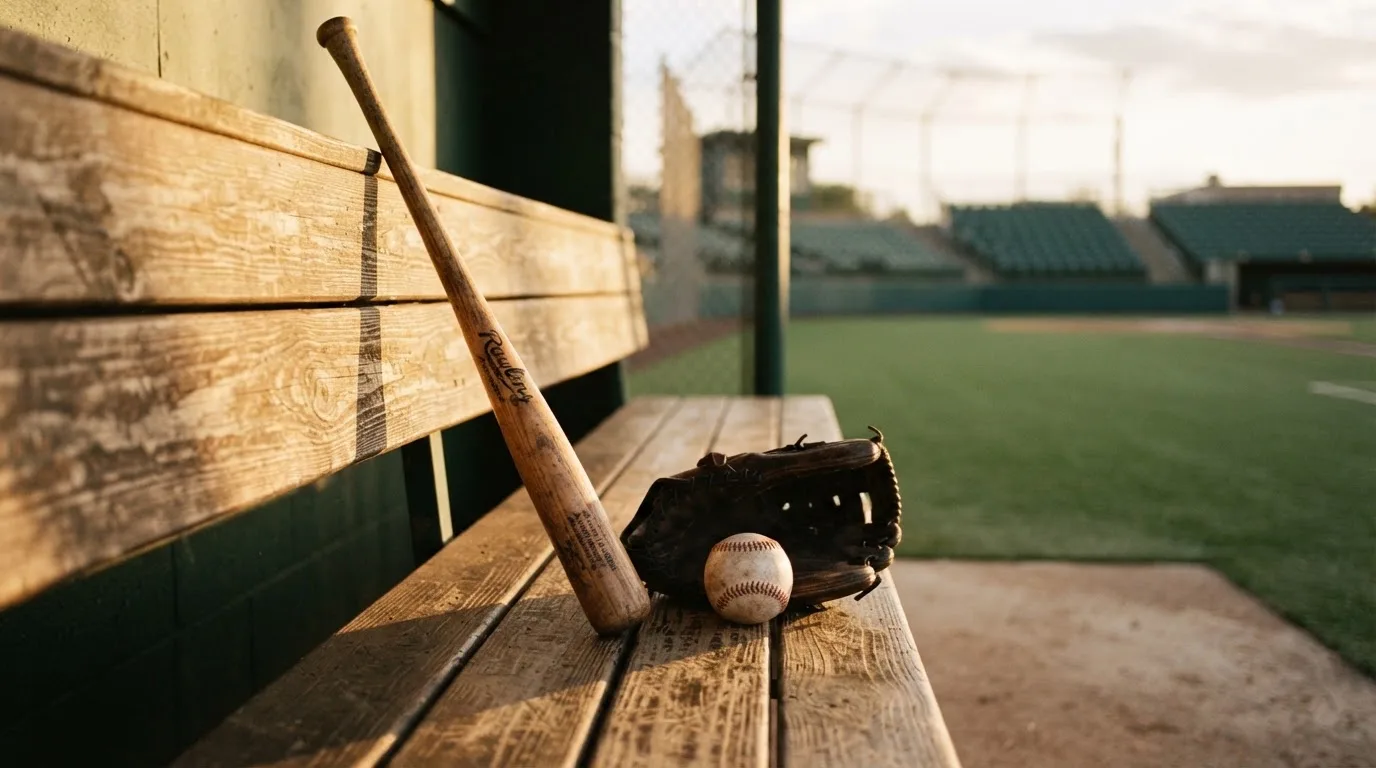 Ein Baseballschläger lehnt an einer Bank im Dugout, daneben liegen ein Handschuh und ein Ball im Licht der Nachmittagssonne.