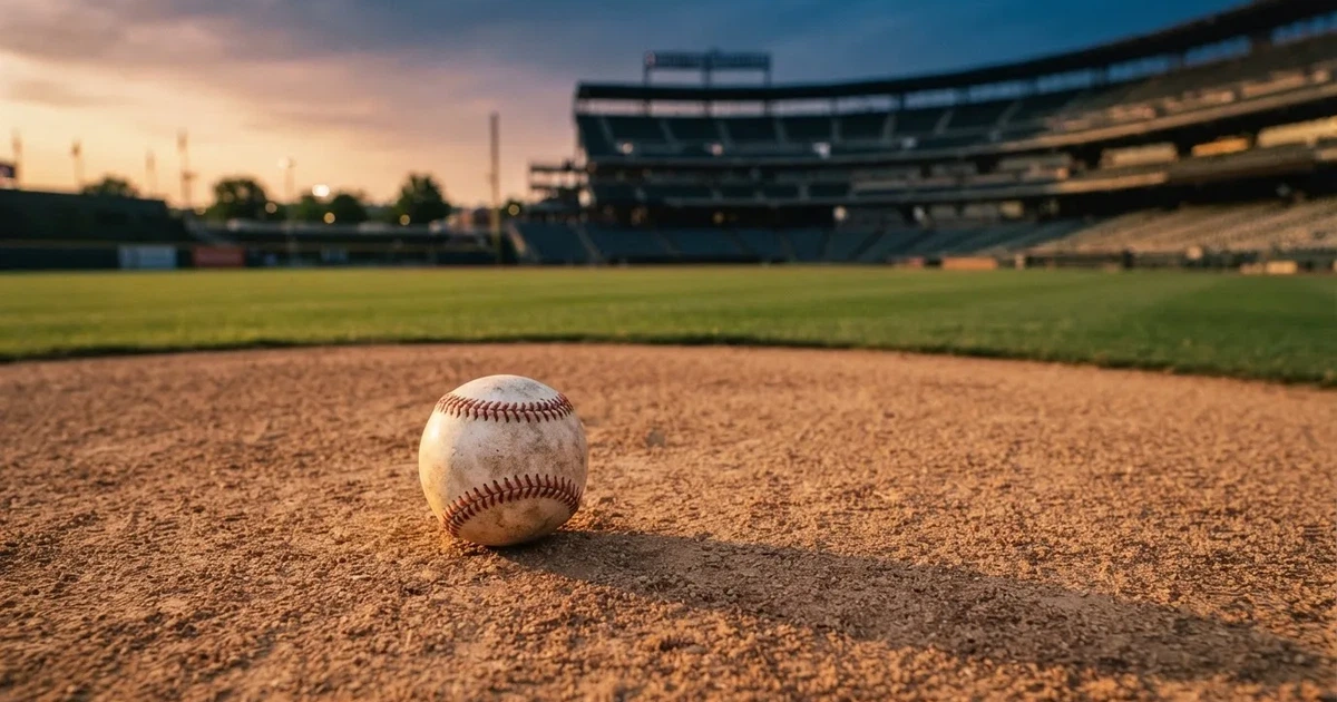 Ein Baseball liegt auf dem hellen Sand des Infields, im Hintergrund eine große Tribüne in der Abenddämmerung.