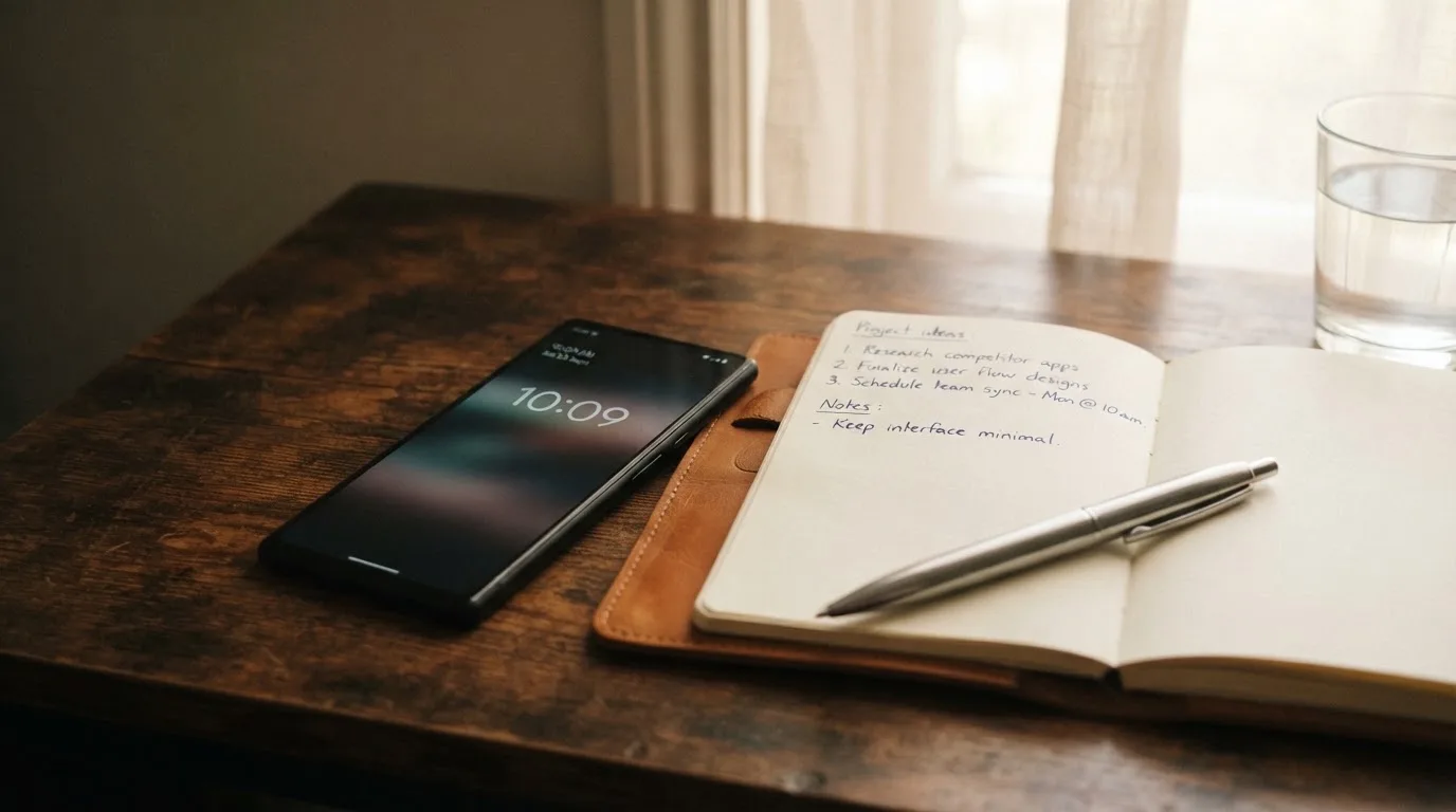 Ein Smartphone mit dunklem Display liegt neben einem Notizbuch und einem Kugelschreiber auf einem Tisch.