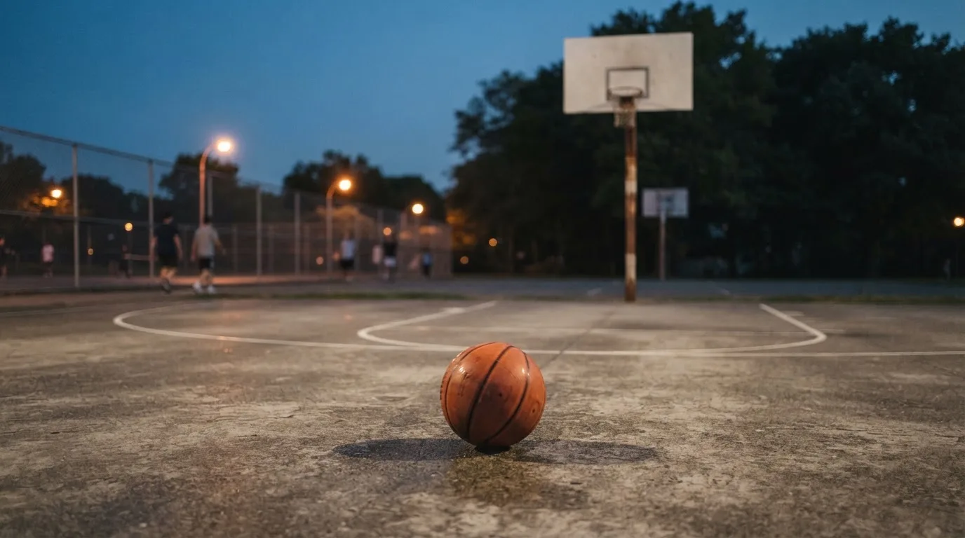 Ein Basketball rollt auf einem Freiluftplatz in der Abenddämmerung zu einem Korb, die Straßenlaternen leuchten bereits.