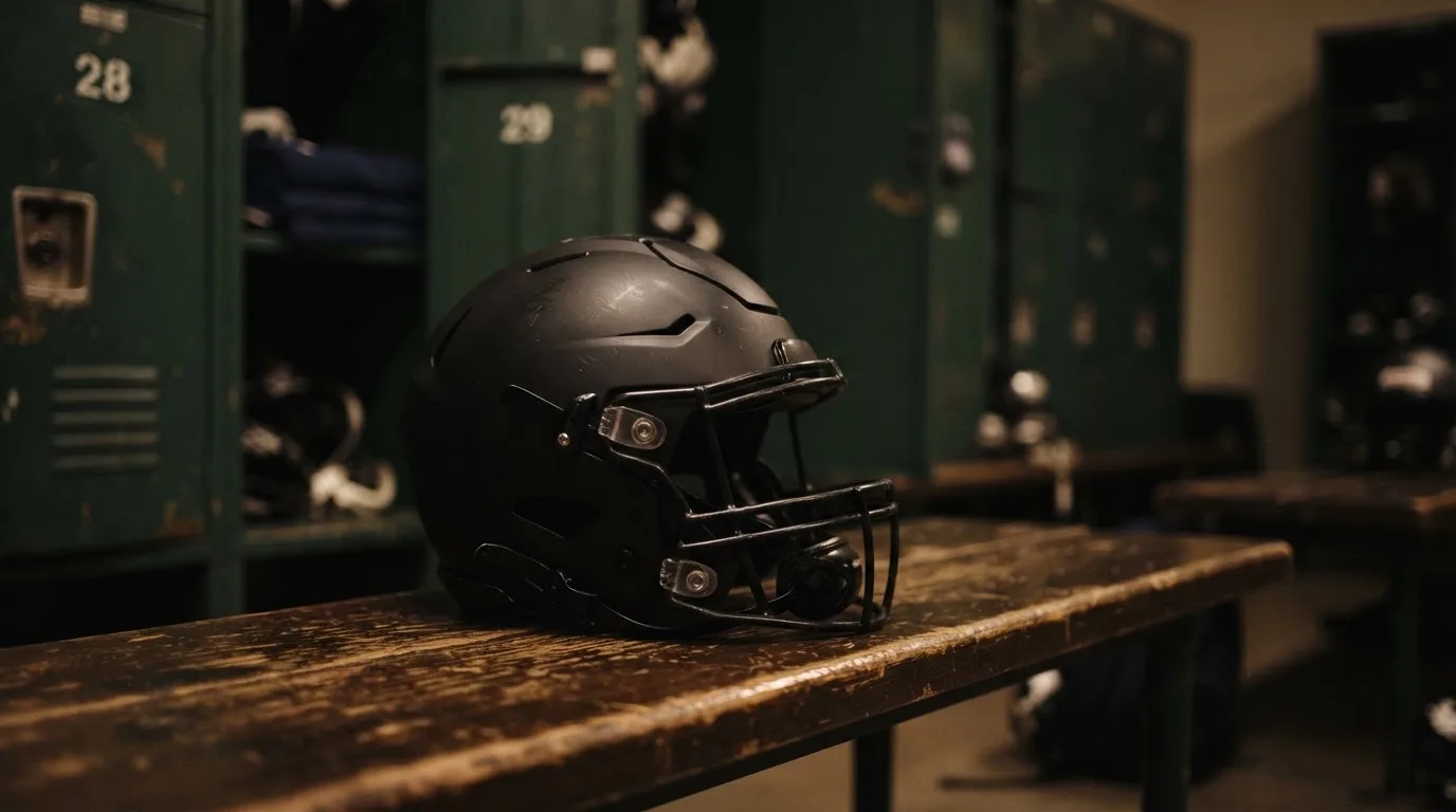 Ein neutraler Footballhelm ohne Aufdruck steht auf einer Holzbank in einer Umkleidekabine.