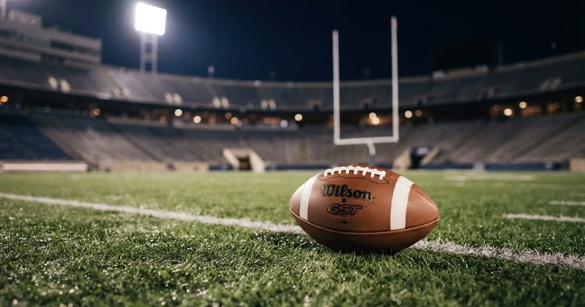 Ein American Football liegt auf dem Rasen eines leeren Stadions unter Flutlicht, die Torstangen ragen im Hintergrund auf.