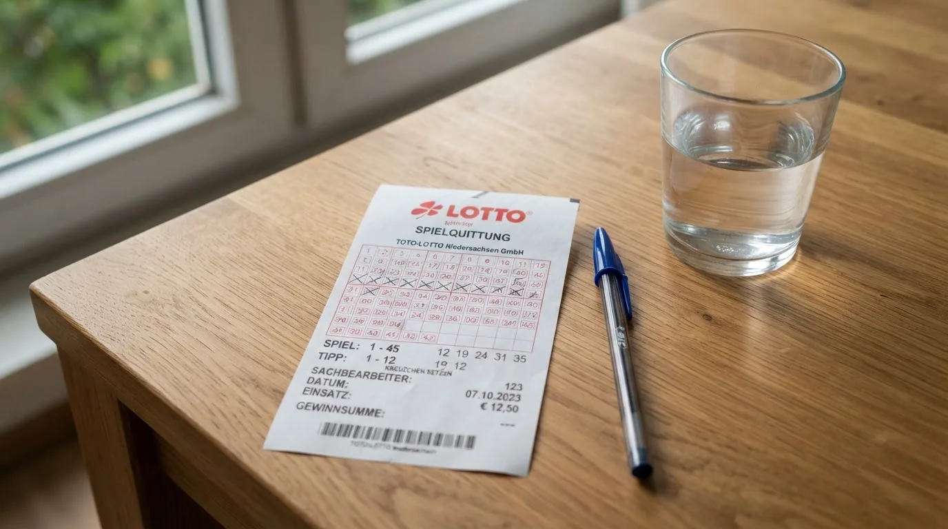 Ein leerer Wettschein aus Papier liegt neben einem Stift auf einem Tisch, daneben ein Glas Wasser.
