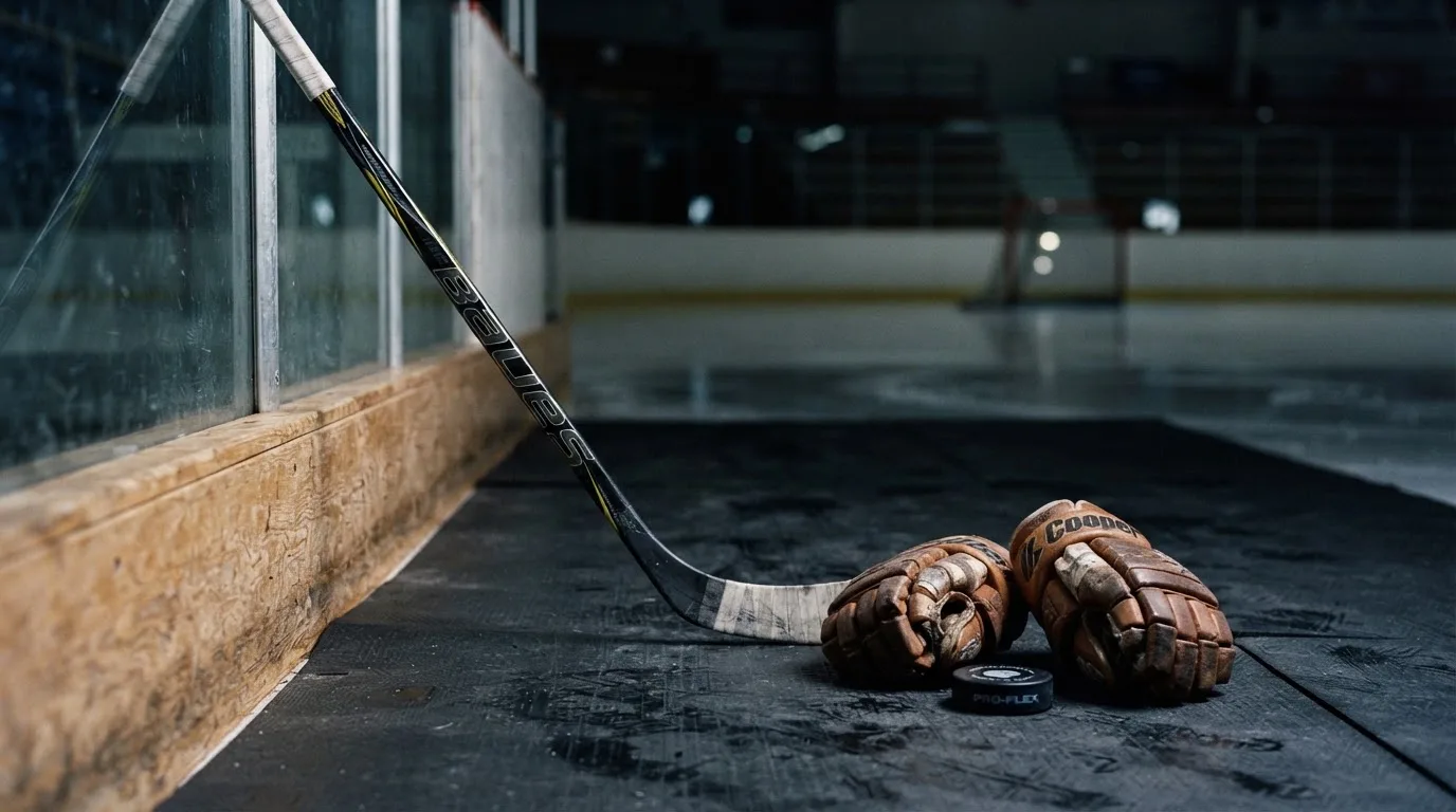 Ein Eishockeyschläger lehnt an einer Bande, daneben liegen ein Puck und ein Paar Handschuhe in einer Eishalle.