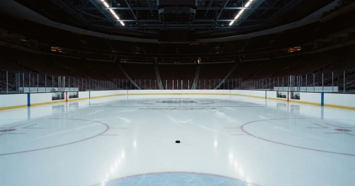 Eine leere Eisfläche in einer Halle mit Banden und Flutlicht, auf dem Eis liegt ein einzelner Puck.