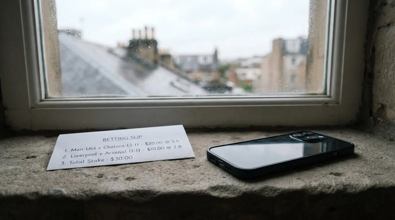 Ein leerer Wettschein aus Papier und ein Smartphone mit dunklem Display liegen auf einer Fensterbank im Tageslicht.