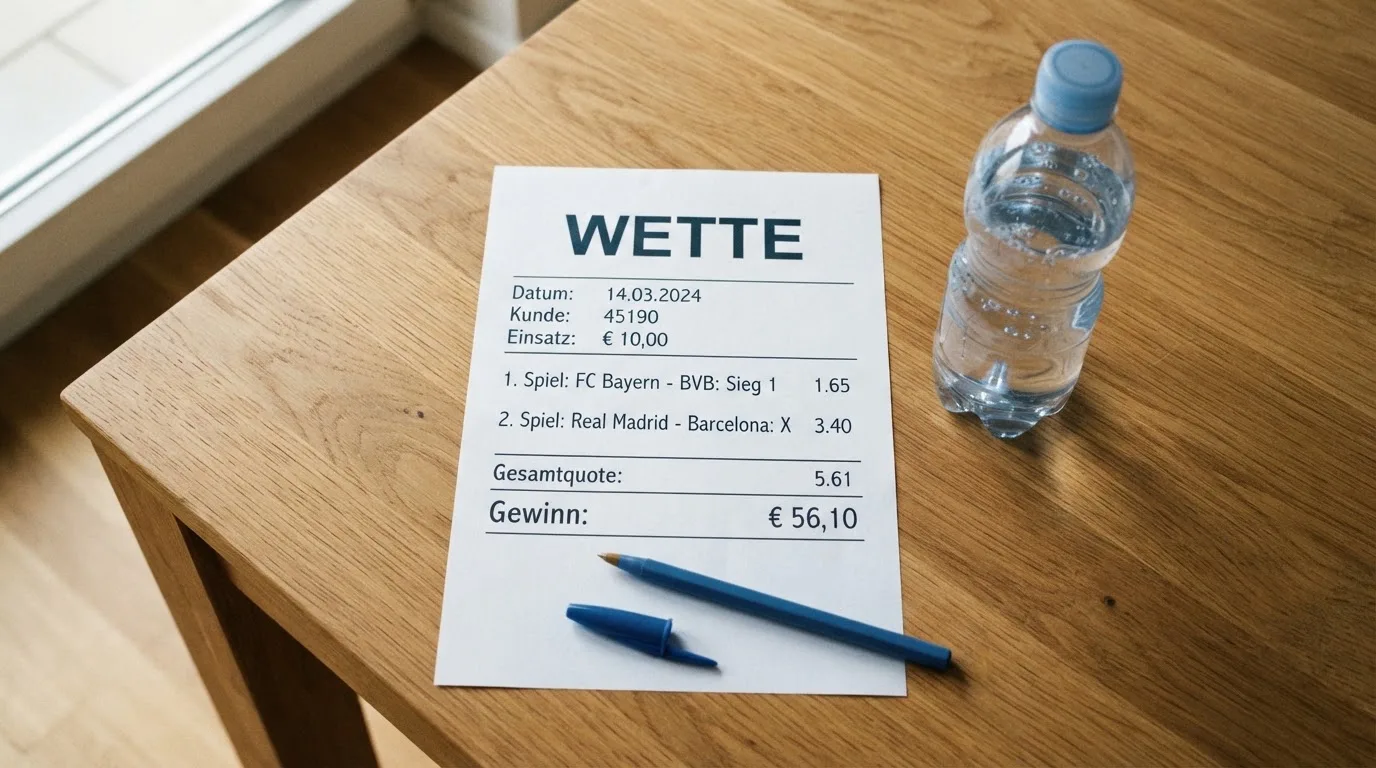 Ein leerer Wettschein aus Papier liegt neben einer Trinkflasche und einem Stift auf einem Tisch.