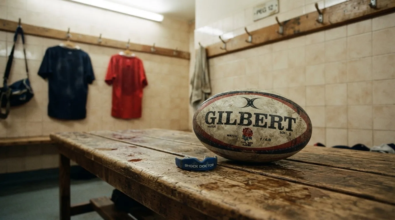Ein Rugbyball und ein Mundschutz liegen auf einer Holzbank neben einer Reihe Kleiderhaken in einer Umkleide.