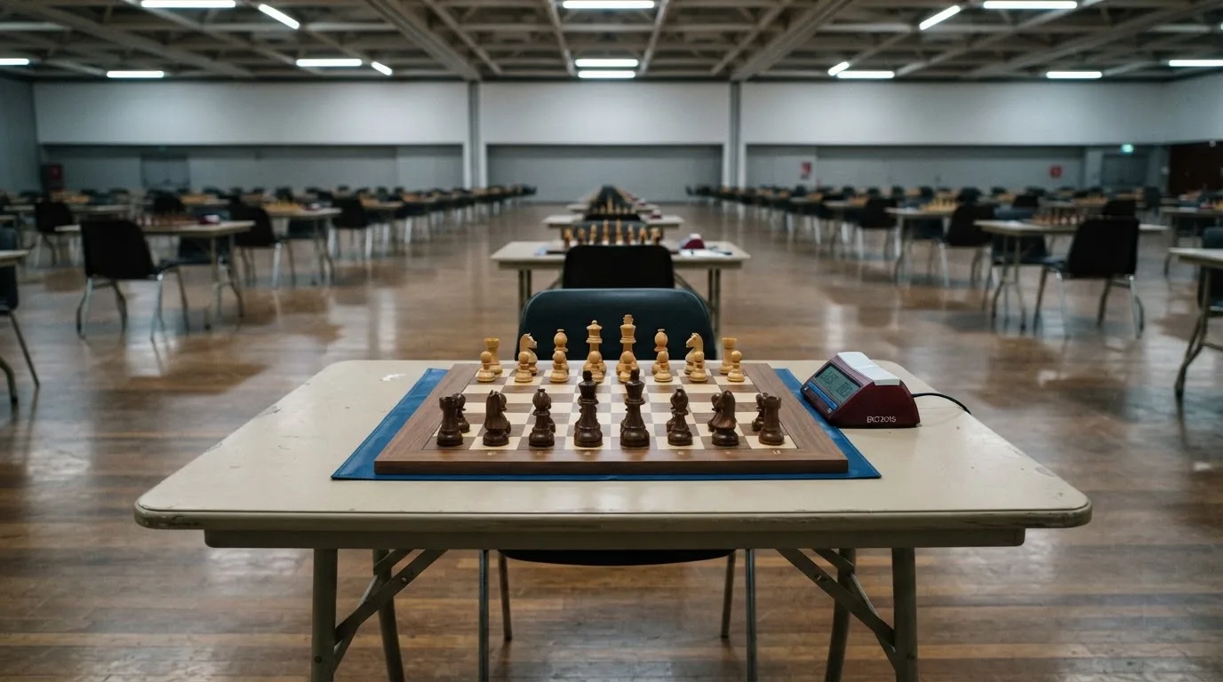 Ein Schachbrett und eine Schachuhr stehen auf einem Tisch in einem leeren Turniersaal, die Stühle sind ordentlich zurückgeschoben.