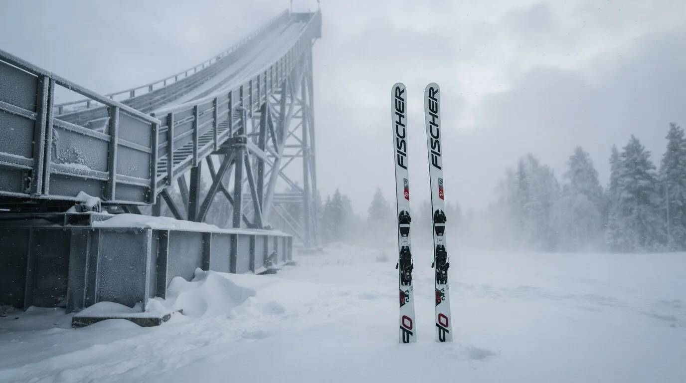 Ein Paar Skier steckt aufrecht im Schnee neben einem Anlaufturm, im Hintergrund wirbelt feiner Schnee im Wind.