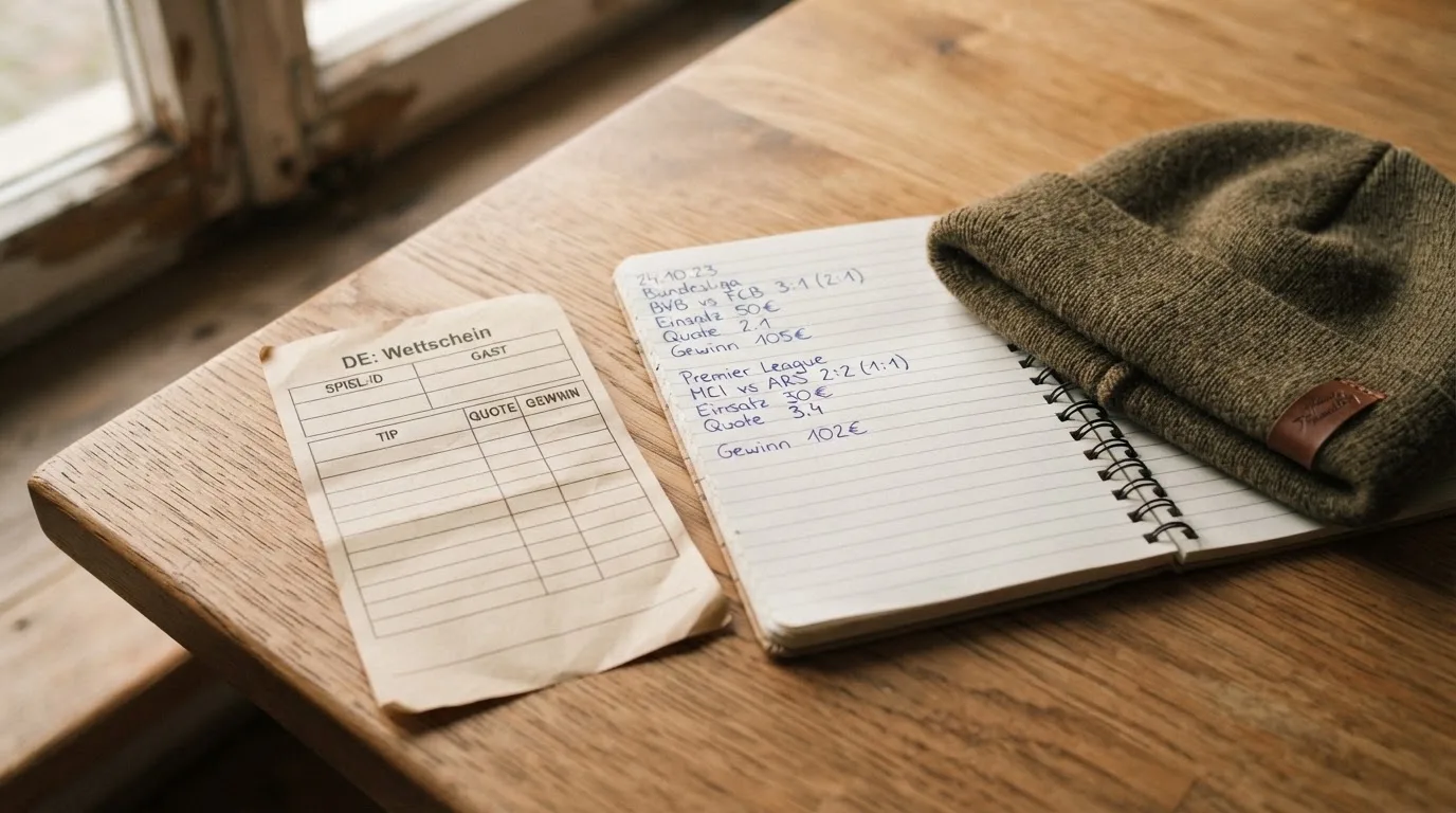 Ein leerer Wettschein aus Papier und ein Notizbuch liegen neben einer Wollmütze auf einem Holztisch.