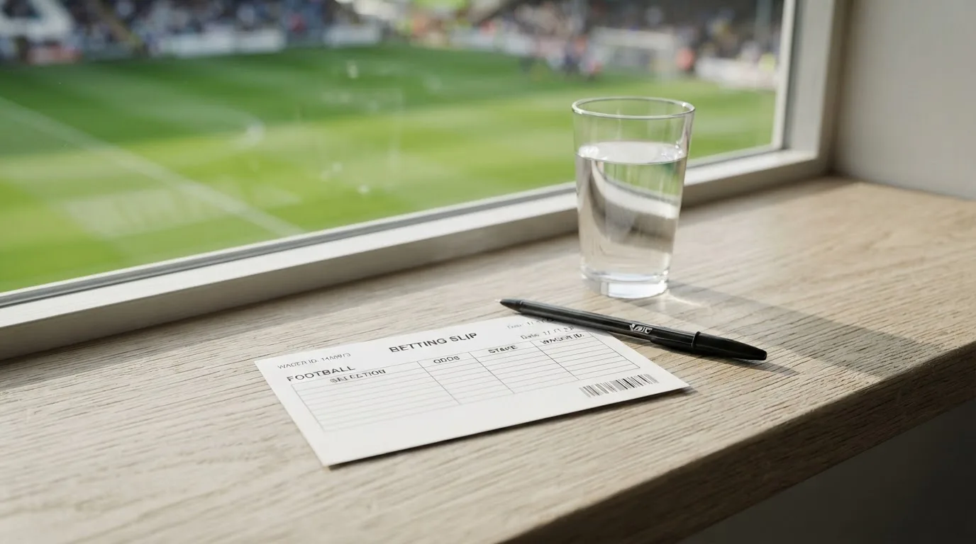 Ein leerer Wettschein aus Papier und ein Kugelschreiber liegen neben einem Glas Wasser auf einer Fensterbank.