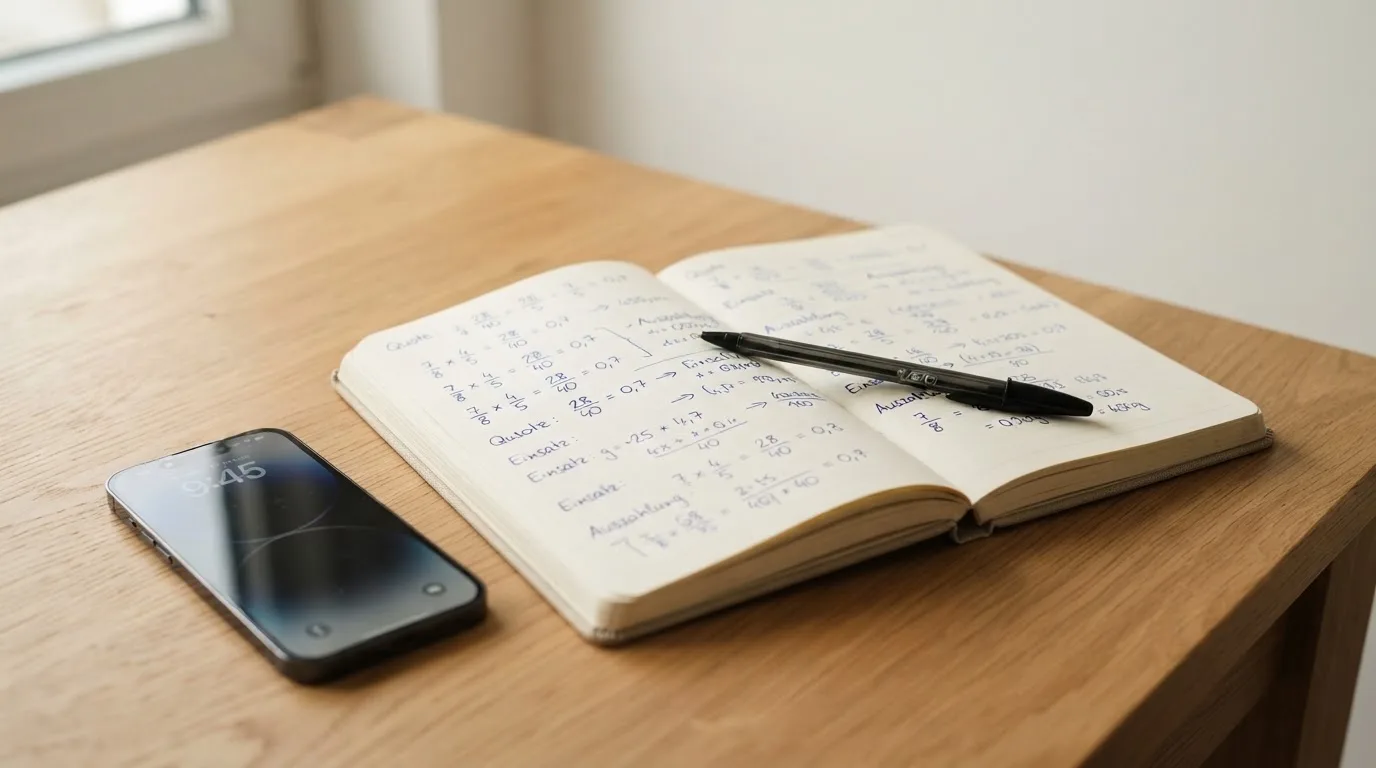 Ein aufgeschlagenes Notizbuch mit handschriftlichen Rechnungen liegt neben Stift und Smartphone auf einem Holztisch im Tageslicht.