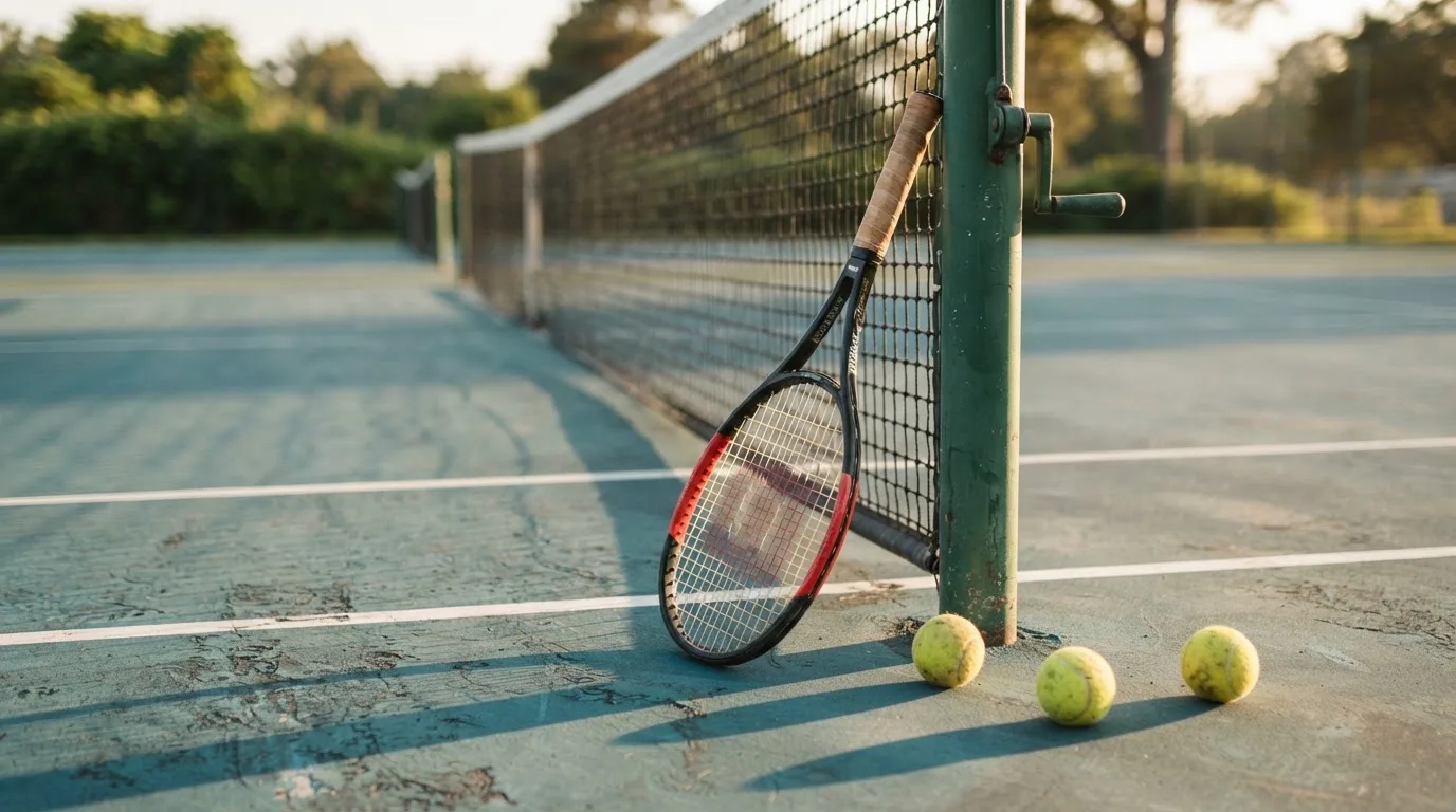 Ein Tennisschläger lehnt an einem Netzpfosten, daneben liegen drei Bälle auf einem Hartplatz in warmem Nachmittagslicht.