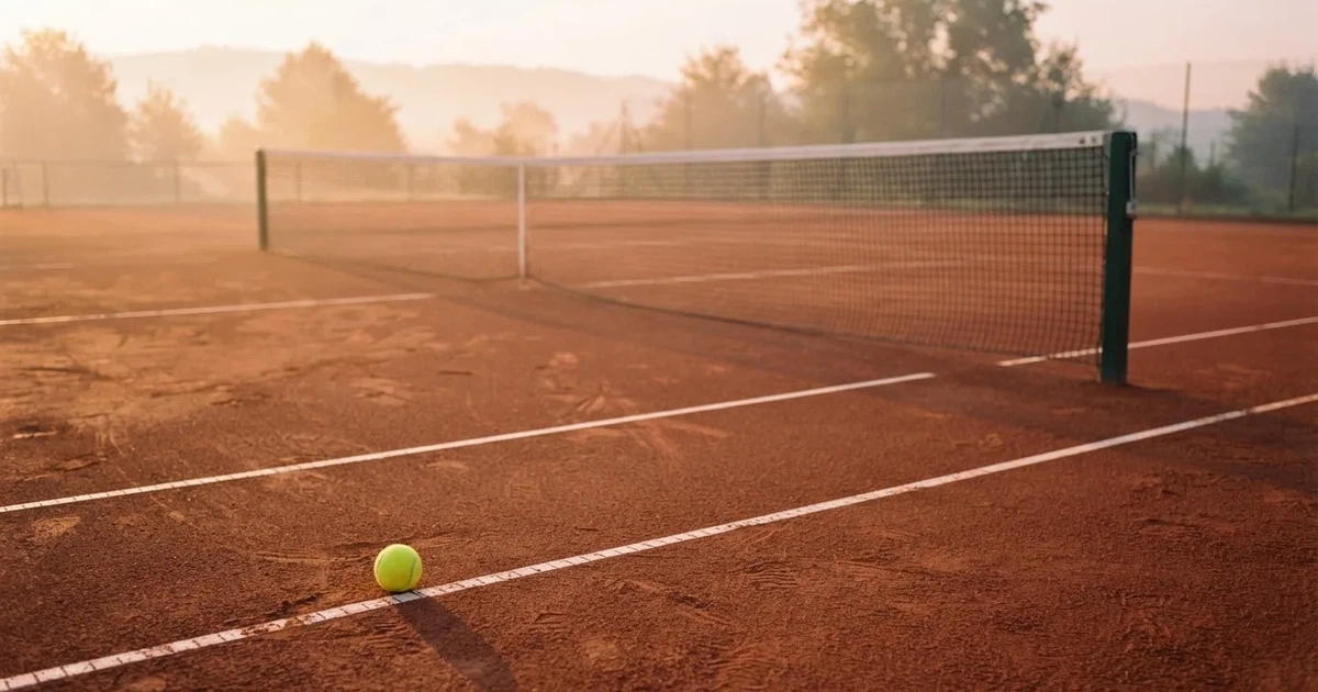 Ein Sandplatz am frühen Morgen mit frisch gezogenen Linien, einem Netz in der Mitte und einem gelben Ball auf der Grundlinie.