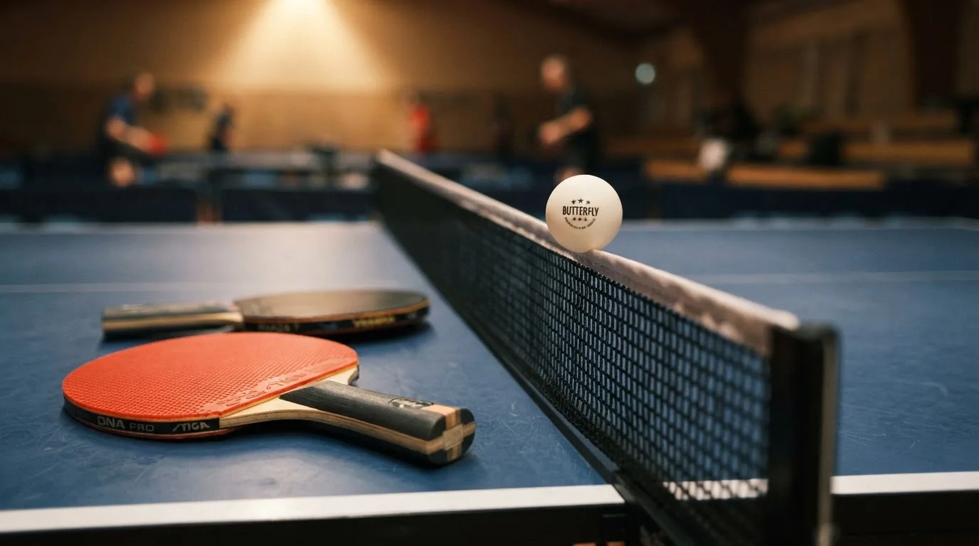 Ein weißer Ball liegt in Nahaufnahme auf der Netzkante einer Tischtennisplatte, daneben zwei Holzschläger mit rotem und schwarzem Belag.
