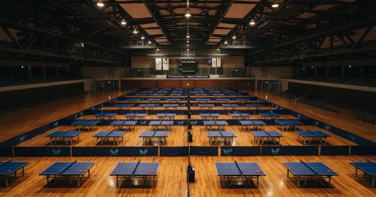 Eine Tischtennishalle aus erhöhter Perspektive mit mehreren blauen Tischen in Reihen unter gedämpftem Hallenlicht, ohne Personen.