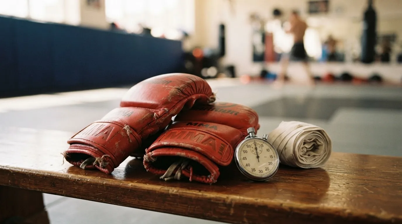 Ein Paar Kampfhandschuhe und eine Stoppuhr liegen auf einer Bank im Trainingsraum neben einer aufgerollten Handbandage.