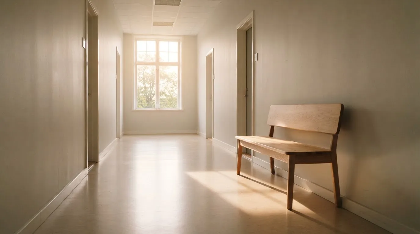 Ein heller Flur in einem Verwaltungsgebäude mit einer leeren Holzbank und einem Fenster, durch das Morgenlicht fällt.
