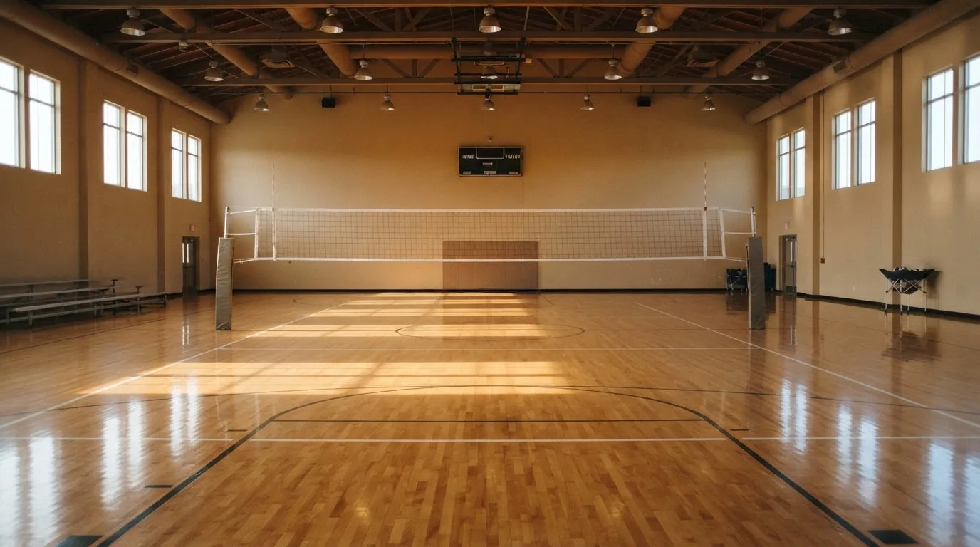 Eine leere Sporthalle mit gespanntem Volleyballnetz und glänzendem Parkett, durch hohe Fenster fällt Tageslicht.