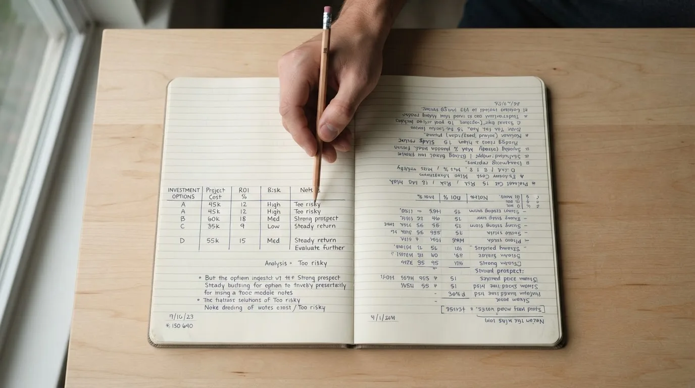 Ein Notizbuch mit handschriftlichen Spalten und einem Bleistift liegt auf einem Schreibtisch neben einem Taschenrechner.
