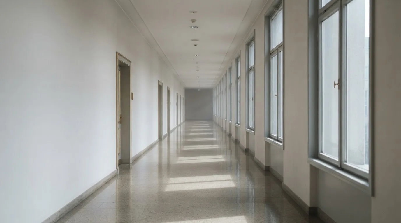 Ein leerer Amtsflur mit hohen Fenstern und glänzendem Steinboden, durch die Fenster fällt das Licht eines Vormittags.