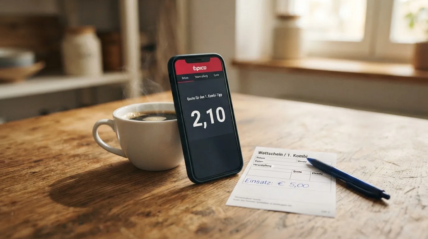 Ein Smartphone mit dunklem Bildschirm lehnt an einer Kaffeetasse auf einem Holztisch, daneben ein blanker Papier-Wettschein.