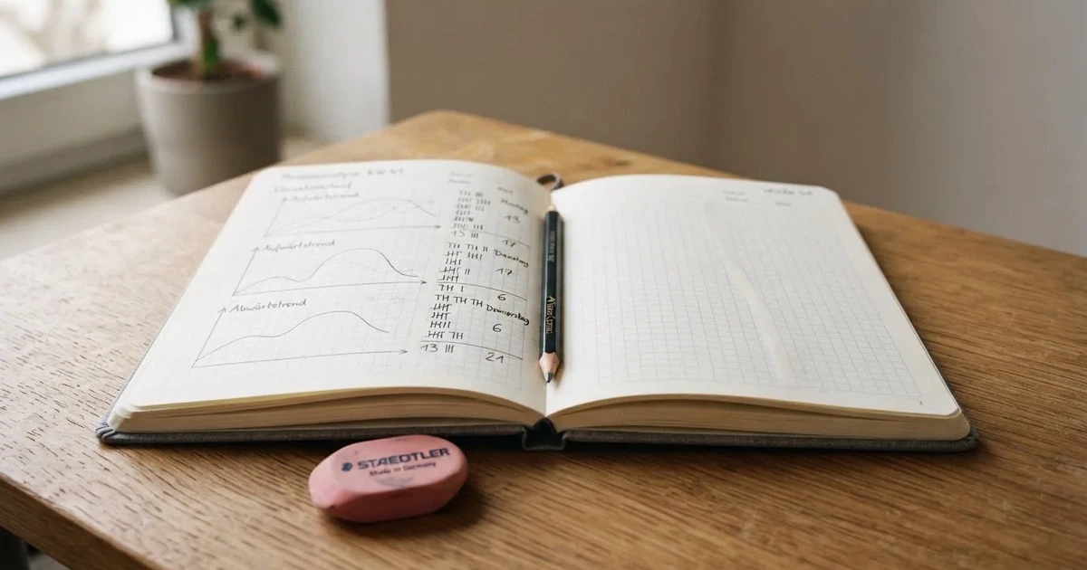 Ein Notizbuch mit handgezeichneten Kurven und Strichlisten liegt aufgeschlagen neben Bleistift und Radiergummi auf einem Schreibtisch im Tageslicht.