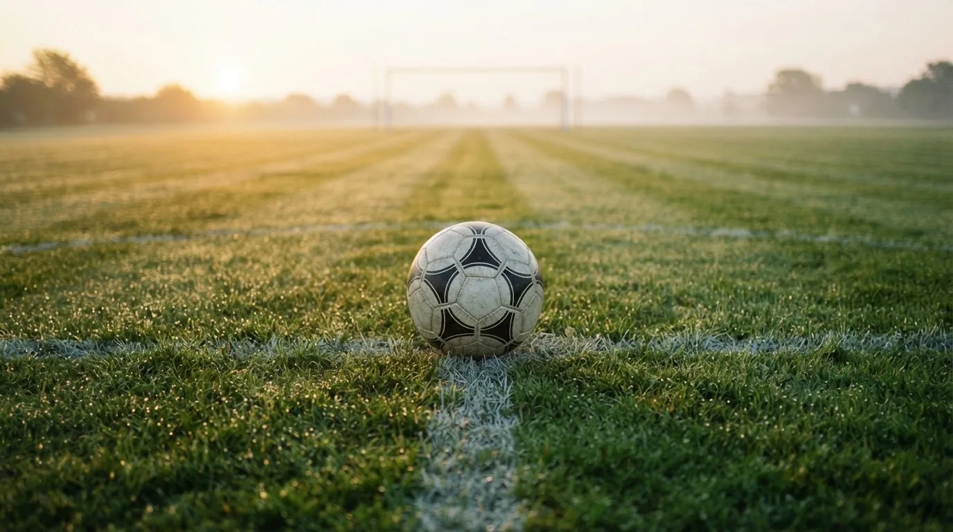 Ein Fußball liegt auf dem Anstoßpunkt eines Rasenplatzes im ersten Morgenlicht, Tau glänzt auf dem Gras.