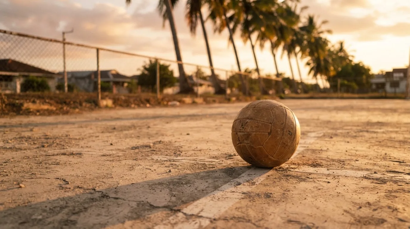 Ein Fußball liegt auf einem staubigen Bolzplatz mit Palmen im Hintergrund in warmem Abendlicht.