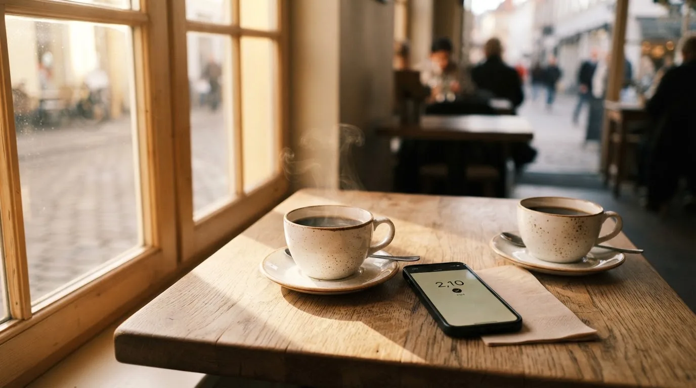 Zwei Kaffeetassen und ein dunkles Smartphone stehen auf einem Café-Tisch am Fenster im Morgenlicht.