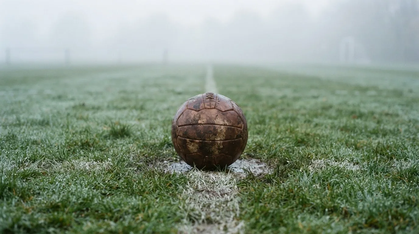 Ein abgewetzter Fußball liegt auf dem Anstoßkreis eines Naturrasens im Morgennebel.