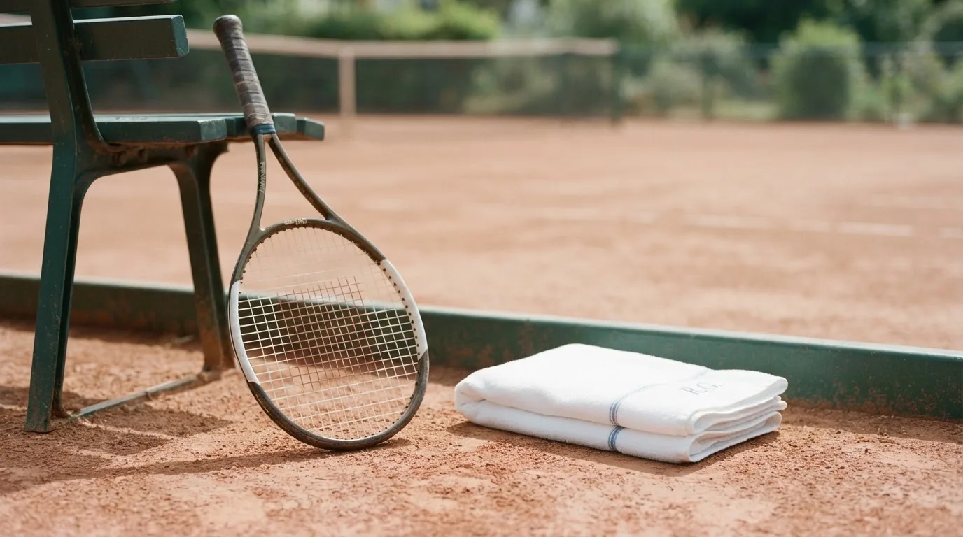 Ein Tennisschläger lehnt an einer dunkelgrünen Bande ohne Aufschrift auf einem Sandplatz, daneben liegt ein Handtuch.