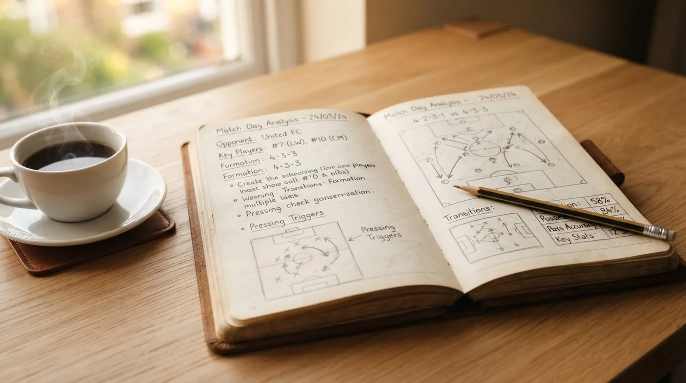 Ein aufgeschlagenes Notizbuch mit handschriftlichen Skizzen liegt neben einem Bleistift auf einem Holztisch, daneben eine Tasse Kaffee.