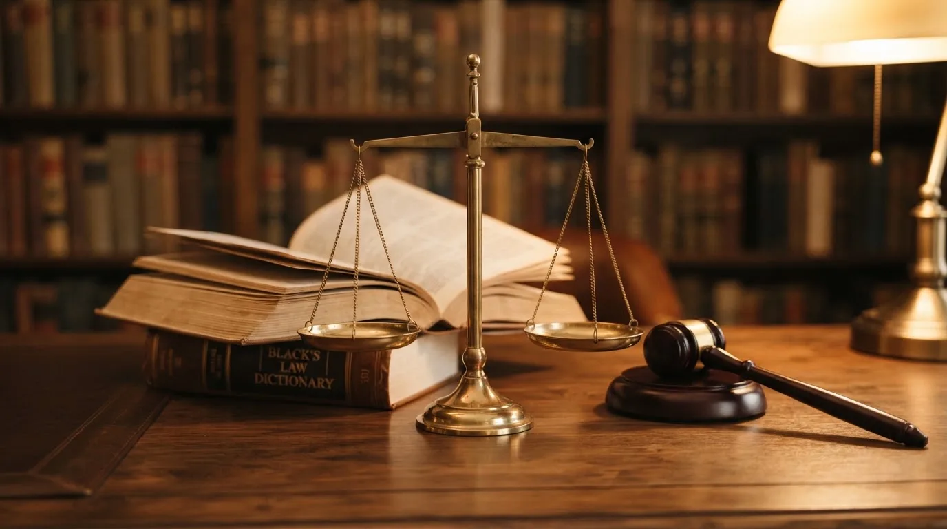 Eine Balkenwaage aus Messing steht neben einem hölzernen Richterhammer auf einem dunklen Pult, im Hintergrund ein unscharfes Bücherregal.