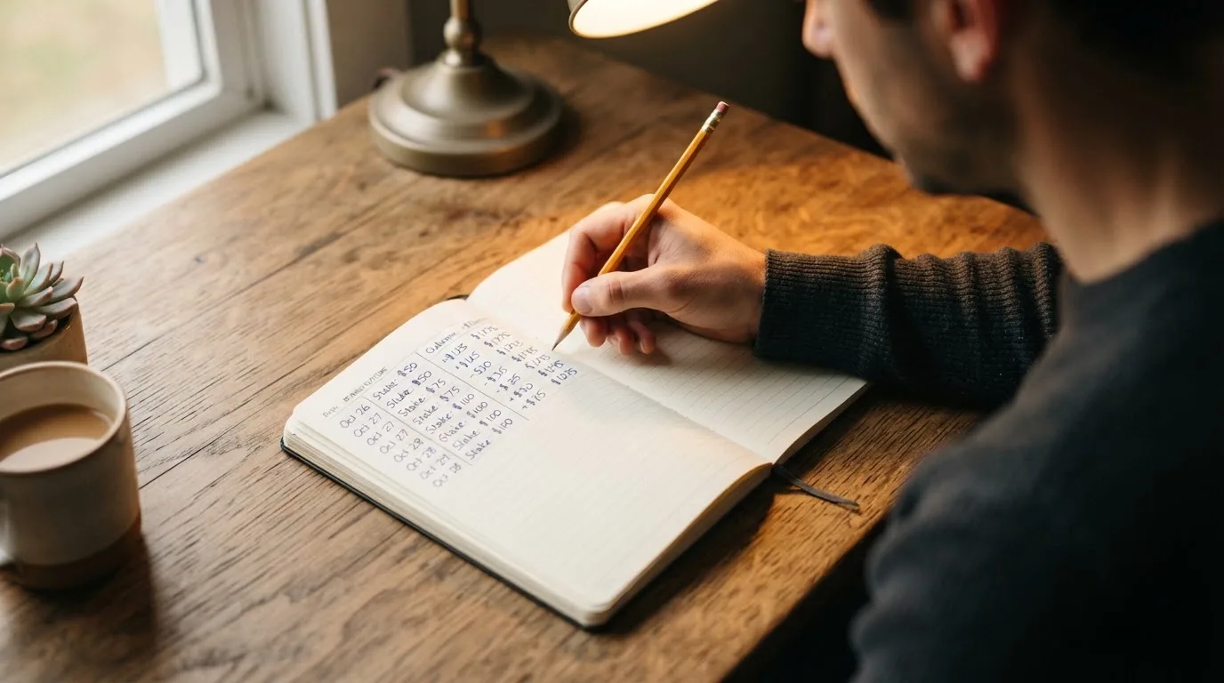 Ein Taschenrechner und ein Bleistift liegen auf einem Schreibtisch neben einem aufgeschlagenen Notizbuch mit handschriftlichen Zahlenreihen.