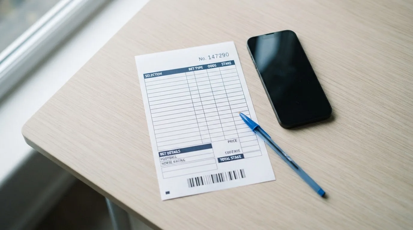 Ein leerer Papier-Wettschein liegt neben einem Smartphone mit dunklem Display auf einer hellen Tischplatte, daneben ein Kugelschreiber.